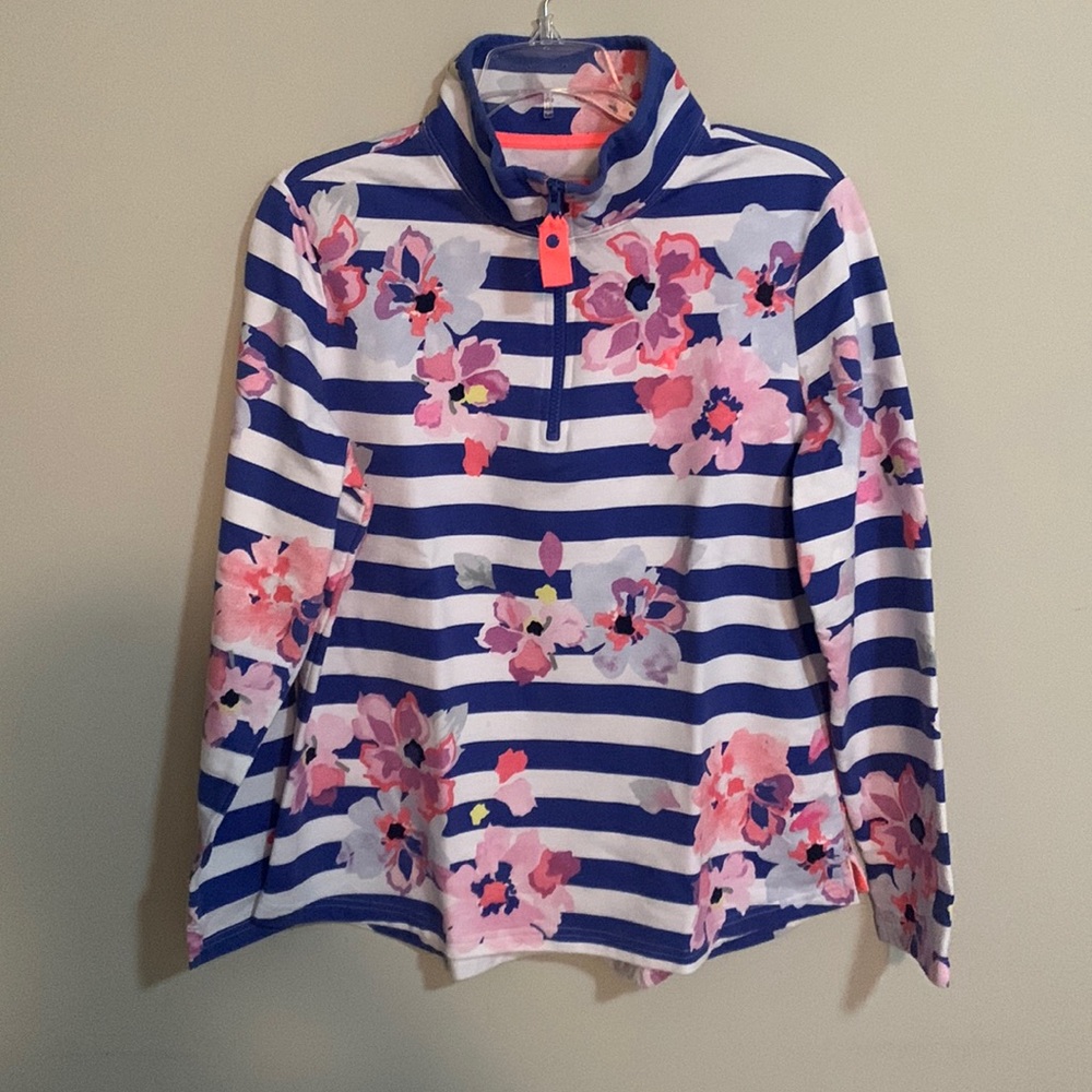 Joules Women’s Quarter Zip Pullover Sweatshirt Floral and Blue Stripes Size 12